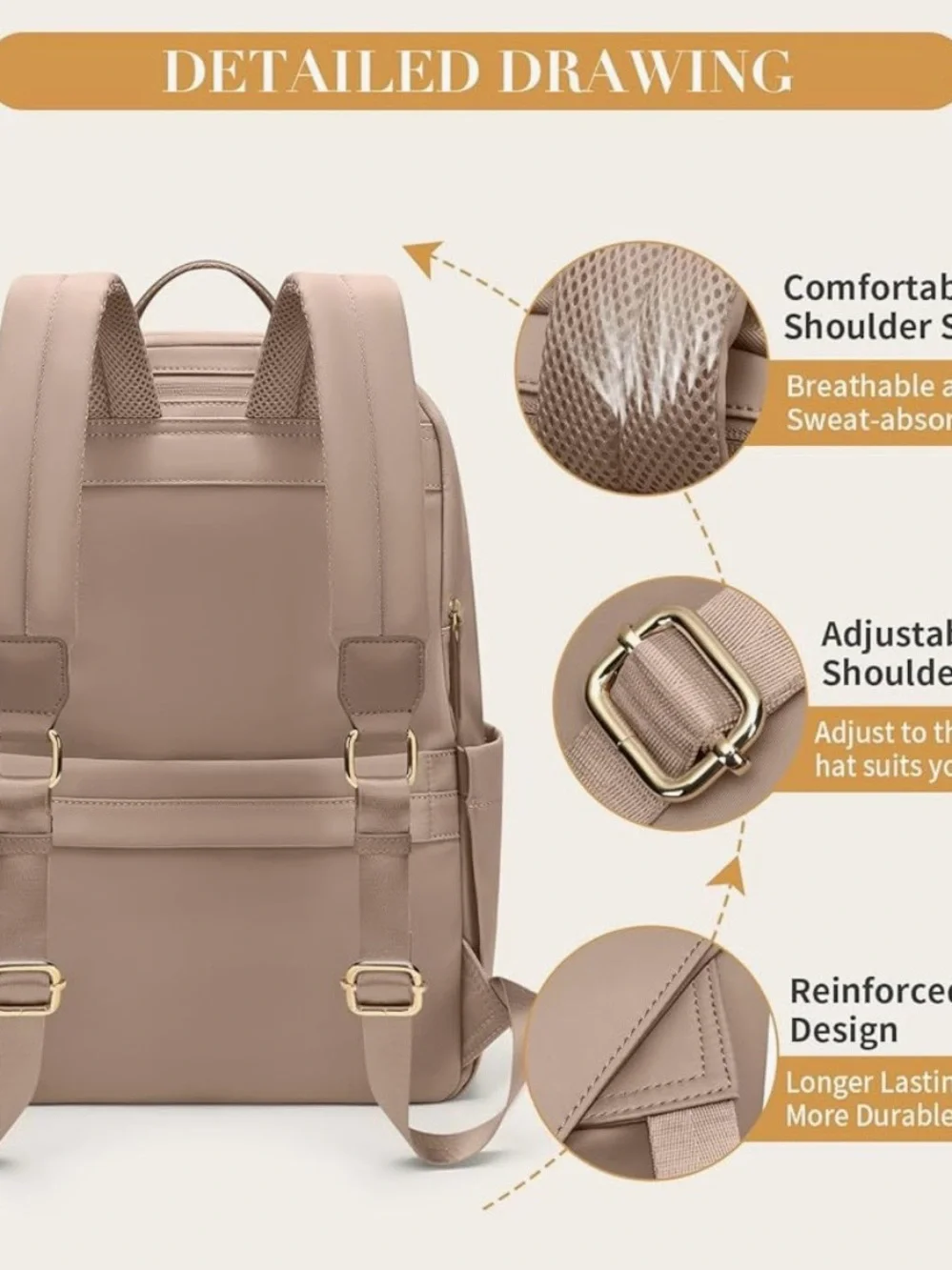 Women's Laptop Backpack in Taupe - Stylish Daily Work Bag
